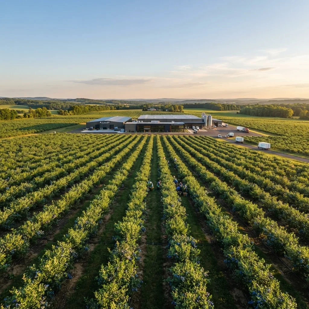 Blueberry fields surrounding a food production facility at sunset