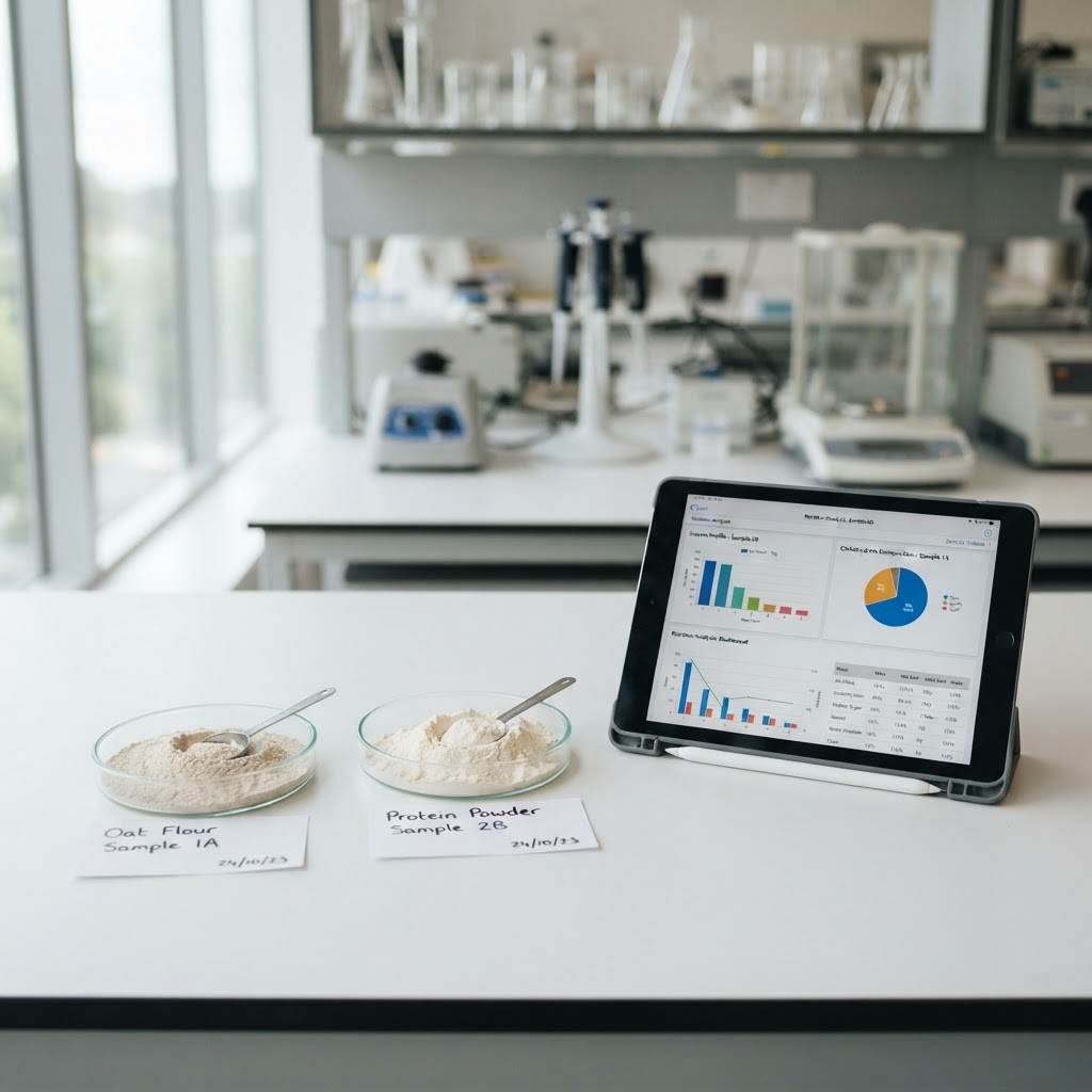 Tablet showing nutrition and claims analysis for an oat sample