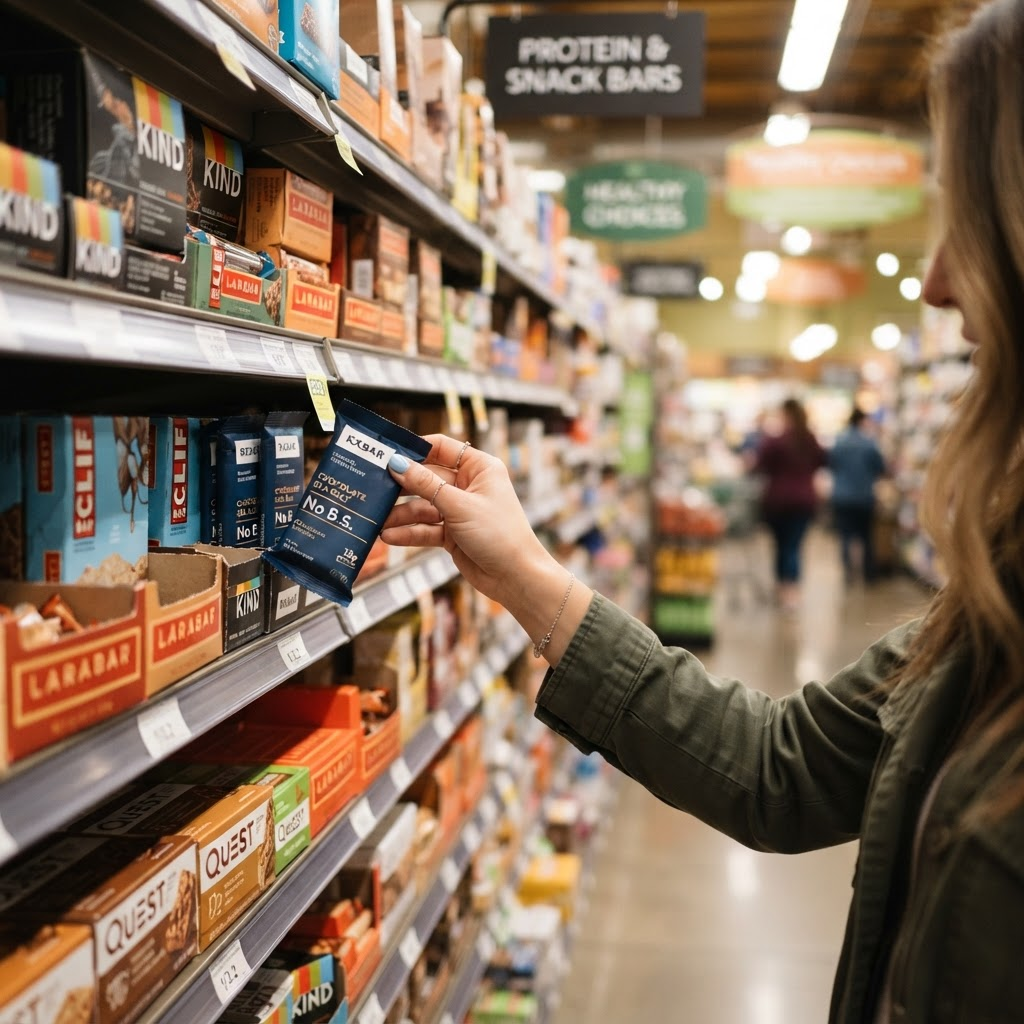 Shopper reaching for a snack bar on a grocery shelf