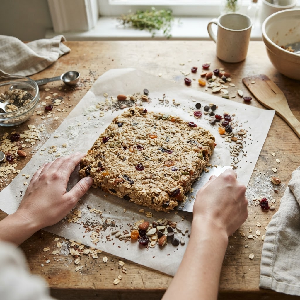 Hands pressing an oat, seed, and dried fruit bar mixture on parchment
