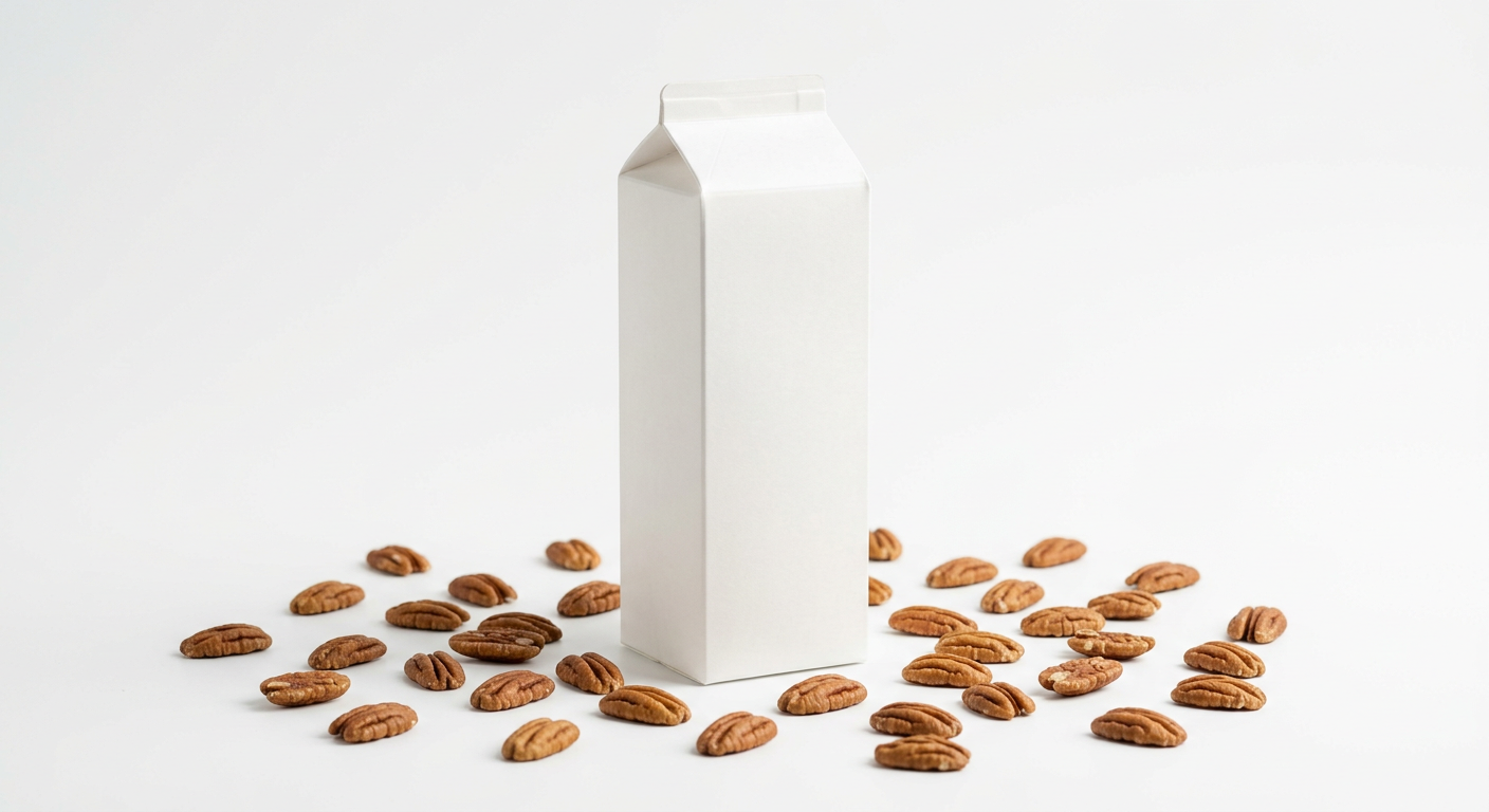 A plain milk carton surrounded by whole pecans, representing a Journey AI pecan milk recipe